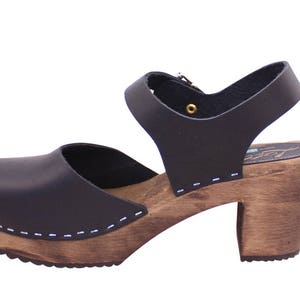 Swedish Clogs Womens High Heels Highwood Black Leather by Lotta from Stockholm Wooden Clogs Handmade Mary Jane Shoes made in Sweden