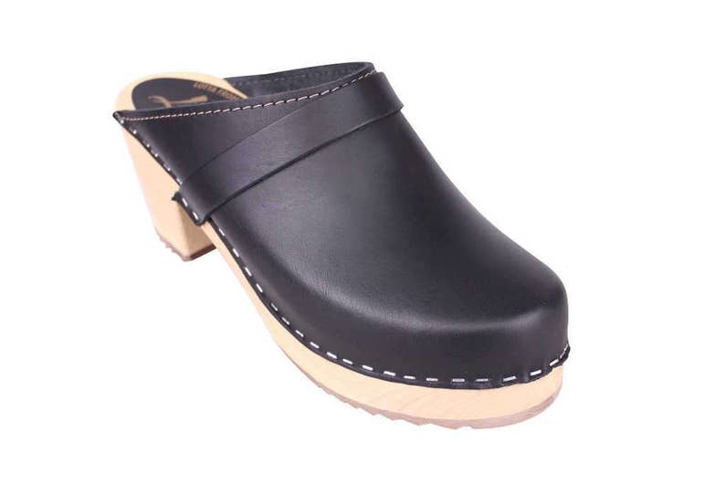 Swedish Clogs High Heel Classic Black Leather by Lotta from Stockholm. Wooden Clogs. Womens mules Handmade in Sweden.