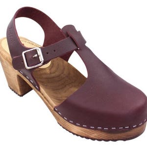 Swedish Clogs Highwood T-Bar Aubergine Leather by Lotta from Stockholm / Wooden Clogs / Sandals / High Heel / Mary Jane / lottafromstockholm image 5