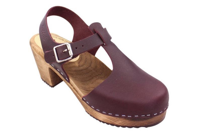 Swedish Clogs Highwood T-Bar Aubergine Leather by Lotta from Stockholm / Wooden Clogs / Sandals / High Heel / Mary Jane / lottafromstockholm image 5