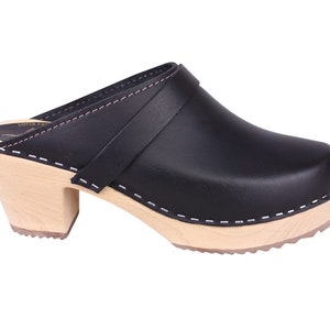 Swedish Clogs High Heel Classic Black Leather by Lotta from Stockholm. Wooden Clogs. Womens mules Handmade in Sweden.