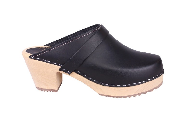 Swedish Clogs High Heel Classic Black Leather by Lotta from Stockholm. Wooden Clogs. Womens mules Handmade in Sweden.