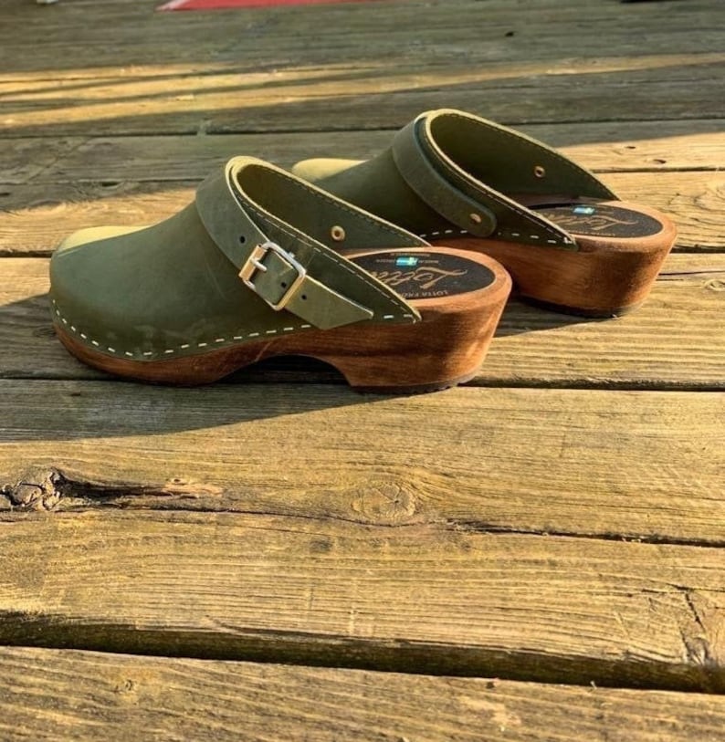 Swedish Clogs Classic Green Oiled Nubuck Leather with Strap by Lotta from Stockholm / Wooden / Handmade Mules / lottafromstockholm image 1