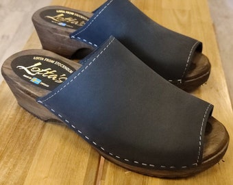 Womens Clogs Mules Berit Open in Black Oiled Nubuck Leather Clogs by Lotta from Stockholm Swedish Clogs Low Heels Handmade in Sweden