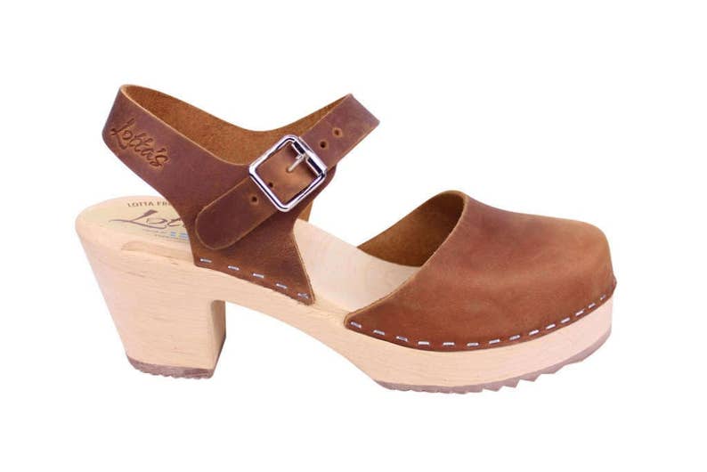 Swedish Clogs Womens High Heels. Highwood Brown Oiled Nubuck Leather by Lotta from Stockholm Mary Jane Shoes Wooden Clogs made in Sweden