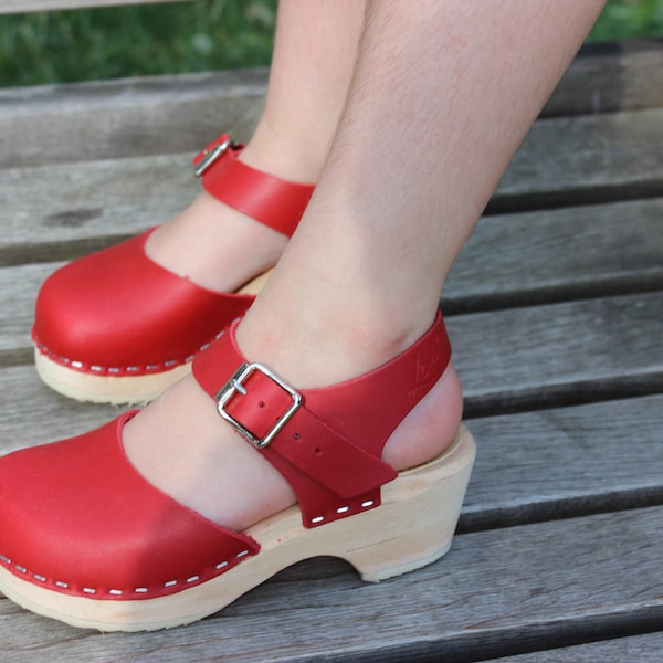 Mary Jane Shoes Kids Swedish Clogs Little Lotta's in Red Leather Childrens Shoes by Lotta from Stockholm Scandinavian Handmade Wooden Clogs