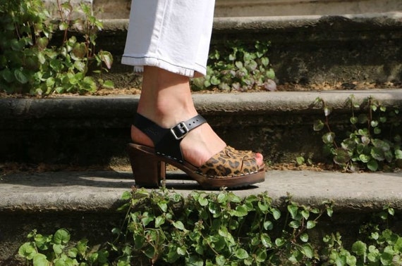 Swedish Clogs Peep Toe Leopard Leather 