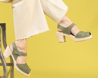 Swedish Clogs Peep Toe Olive Oiled Nubuck Leather on by Lotta from Stockholm / Wooden Clogs / High Heel / Sweden / lottafromstockholm