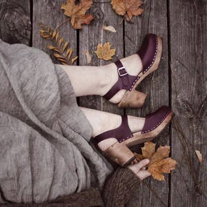 Mary Janes High Heels Womens Clogs Aubergine Leather Sandals by Lotta from Stockholm Scandinavian Handmade Swedish Clogs, Brown Wooden Base