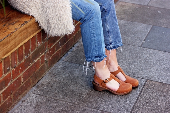 wooden low heel clogs