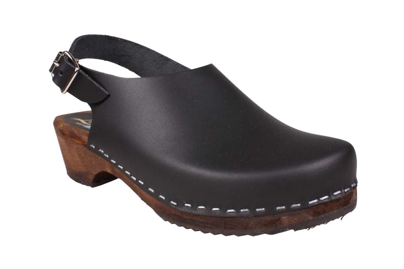 Slingback women's clogs black leather on brown wooden clogs base by Lotta from Stockholm