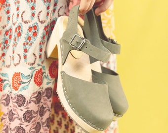 Swedish Clogs Sweden Highwood Olive Oiled Nubuck Leather by Lotta from Stockholm Wooden Clogs / High Heel / Mary Jane Shoes /