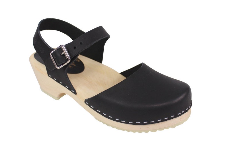 Swedish Clogs Low Wood Black Leather by Lotta from Stockholm / Wooden Clogs / Sandals / Low Heel / Mary Jane Shoes / lottafromstockholm image 4
