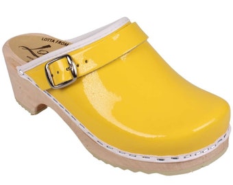 Kids Swedish Clogs Little Lotta's Yellow Patent Leather Childrens Shoes by Lotta from Stockholm Wooden Clogs Low Heel Mules for kids