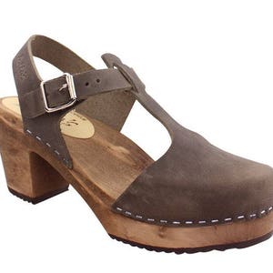 Swedish Clogs High Heels T-Bar/T-Strap Taupe Oiled Nubuck Leather by Lotta from Stockholm Scandinavian Womens Clogs Handmade in Sweden