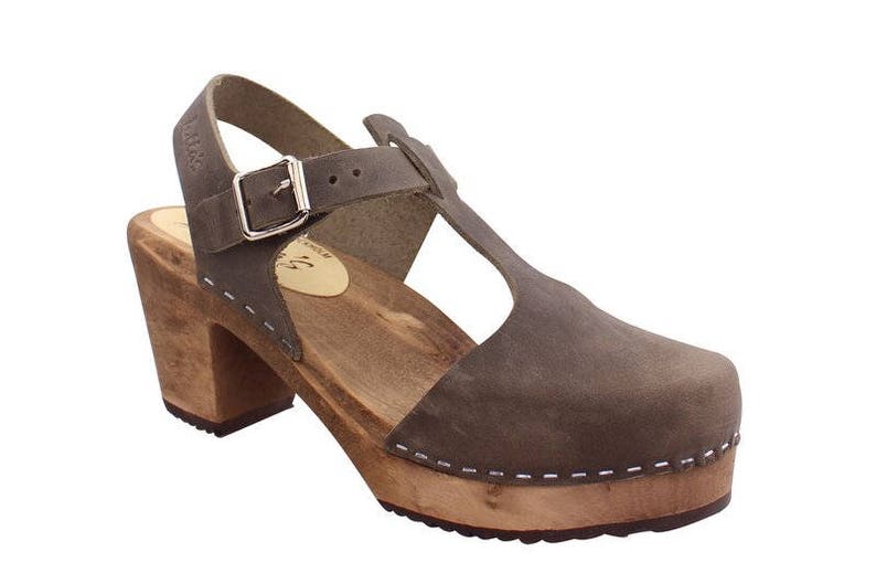 Swedish Clogs High Heels T-Bar/T-Strap Taupe Oiled Nubuck Leather by Lotta from Stockholm Scandinavian Womens Clogs Handmade in Sweden