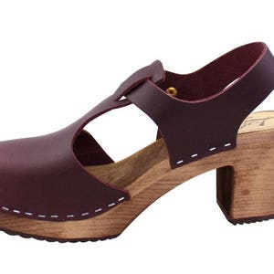 Swedish Clogs Highwood T-Bar Aubergine Leather by Lotta from Stockholm / Wooden Clogs / Sandals / High Heel / Mary Jane / lottafromstockholm image 7