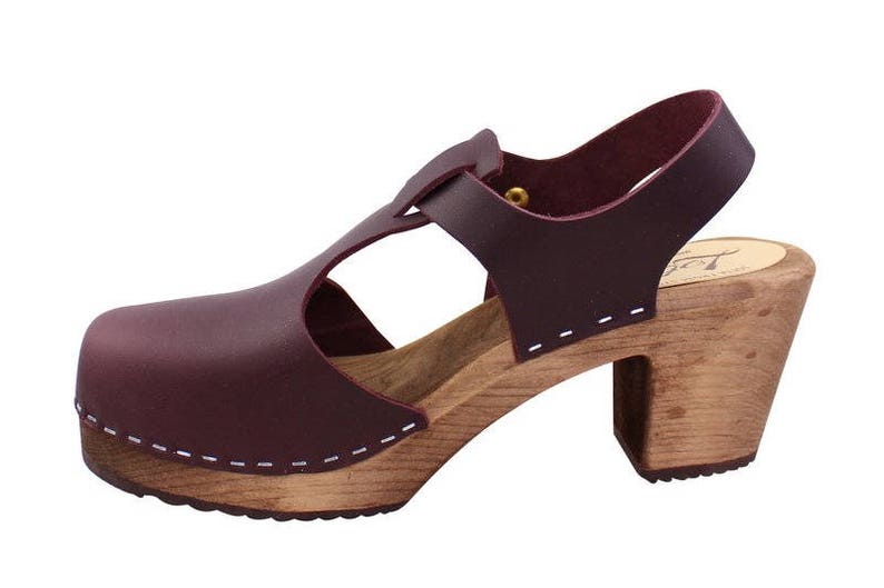 Swedish Clogs Highwood T-Bar Aubergine Leather by Lotta from Stockholm / Wooden Clogs / Sandals / High Heel / Mary Jane / lottafromstockholm image 7