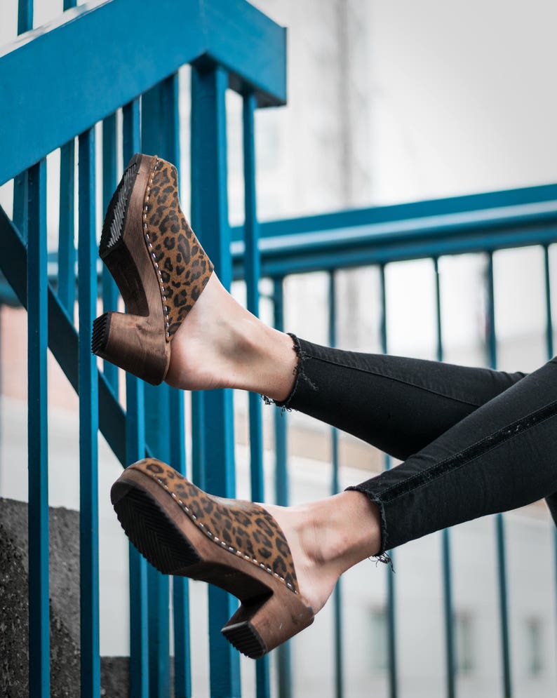 Leopard Print Womens High Heels Classic Clogs with brown wooden clogs base.