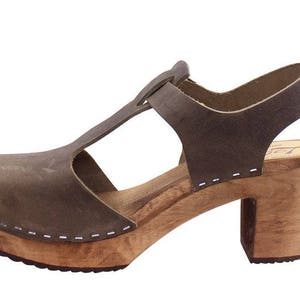 Swedish Clogs High Heels T-Bar/T-Strap Taupe Oiled Nubuck Leather by Lotta from Stockholm Scandinavian Womens Clogs Handmade in Sweden