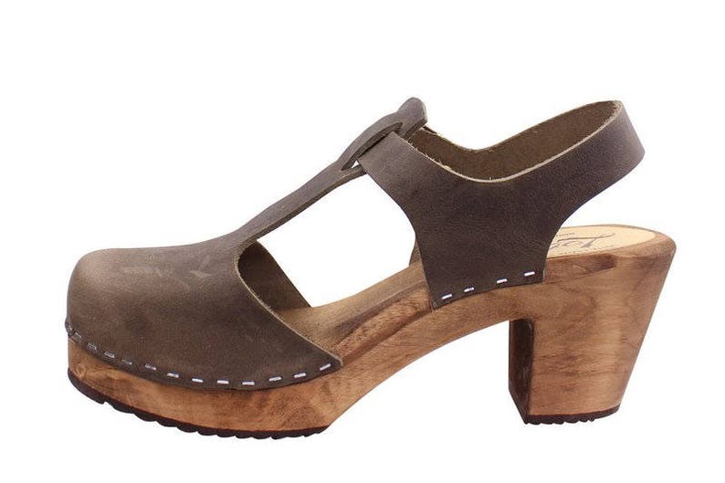 Swedish Clogs High Heels T-Bar/T-Strap Taupe Oiled Nubuck Leather by Lotta from Stockholm Scandinavian Womens Clogs Handmade in Sweden