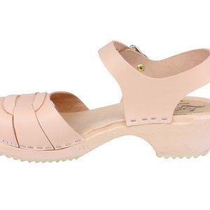 Womens Clogs Leather Sandals Low Heels. Peep Toe Clogs in Natural Leather by Lotta from Stockholm Wooden Clogs handmade in Sweden.