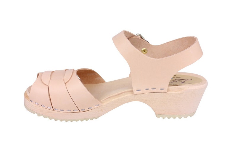 Womens Clogs Leather Sandals Low Heels. Peep Toe Clogs in Natural Leather by Lotta from Stockholm Wooden Clogs handmade in Sweden.