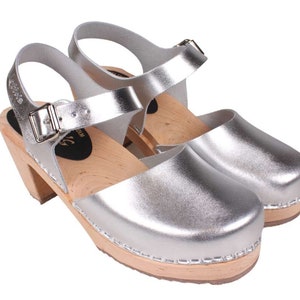 Swedish Clogs Womens High Heels Silver PU Leather Clogs by Lotta from Stockholm Wooden Clogs Mary Jane Shoes Bridal Shoes