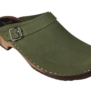 Swedish Clogs Classic Green Oiled Nubuck Leather with Strap by Lotta from Stockholm / Wooden / Handmade Mules / lottafromstockholm image 2