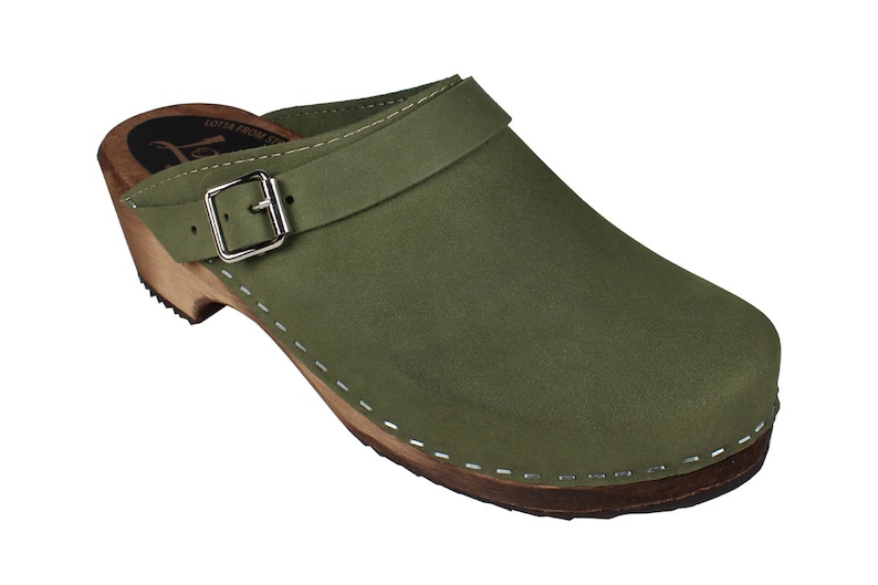 Swedish Clogs Classic Green Oiled Nubuck Leather with Strap by Lotta from Stockholm / Wooden / Handmade Mules / lottafromstockholm image 2