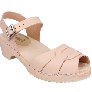 Womens Clogs Leather Sandals Low Heels. Peep Toe Clogs in Natural Leather by Lotta from Stockholm Wooden Clogs handmade in Sweden.