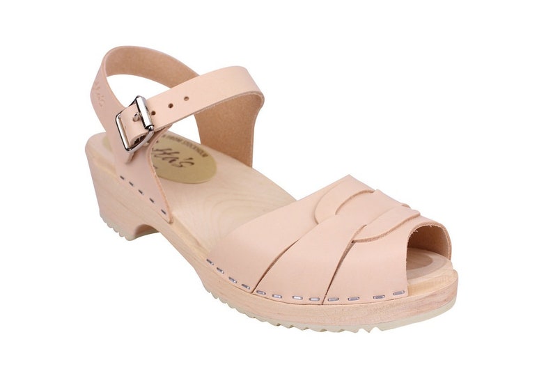 Womens Clogs Leather Sandals Low Heels. Peep Toe Clogs in Natural Leather by Lotta from Stockholm Wooden Clogs handmade in Sweden.