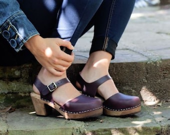 Mary Janes High Heels Womens Clogs Aubergine Leather Sandals by Lotta from Stockholm Scandinavian Handmade Swedish Clogs, Brown Wooden Base