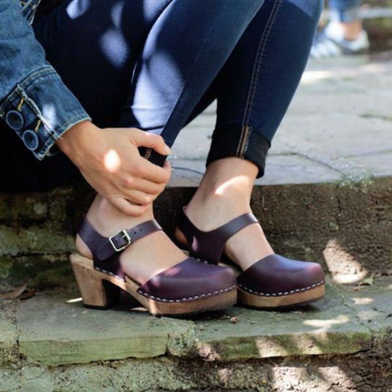 Mary Janes High Heels Womens Clogs Aubergine Leather Sandals by Lotta from Stockholm Scandinavian Handmade Swedish Clogs, Brown Wooden Base