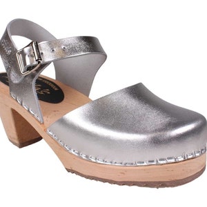 Swedish Clogs Womens High Heels Silver PU Leather Clogs by Lotta from Stockholm Wooden Clogs Mary Jane Shoes Bridal Shoes