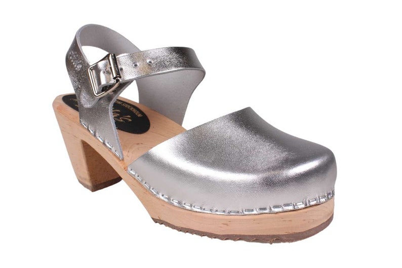 Swedish Clogs Womens High Heels Silver PU Leather Clogs by Lotta from Stockholm Wooden Clogs Mary Jane Shoes Bridal Shoes