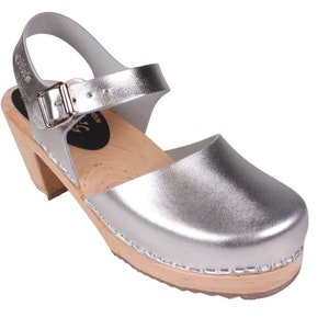 Swedish Clogs Womens High Heels Silver PU Leather Clogs by Lotta from Stockholm Wooden Clogs Mary Jane Shoes Bridal Shoes