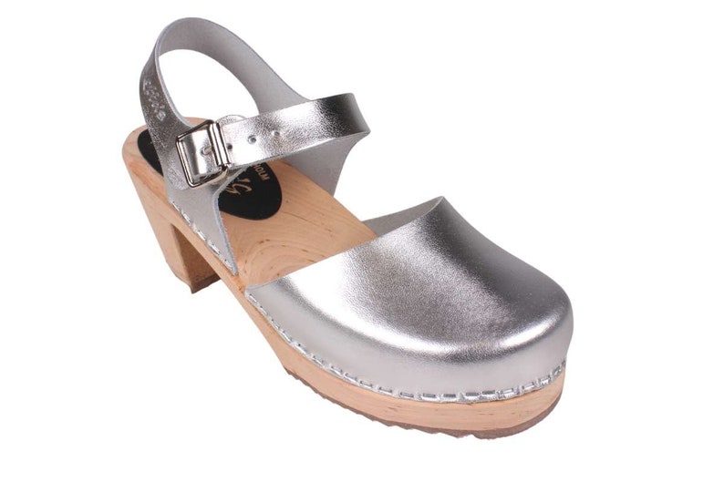 Swedish Clogs Womens High Heels Silver PU Leather Clogs by Lotta from Stockholm Wooden Clogs Mary Jane Shoes Bridal Shoes