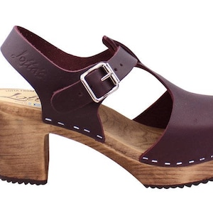 Swedish Clogs Highwood T-Bar Aubergine Leather by Lotta from Stockholm / Wooden Clogs / Sandals / High Heel / Mary Jane / lottafromstockholm image 6