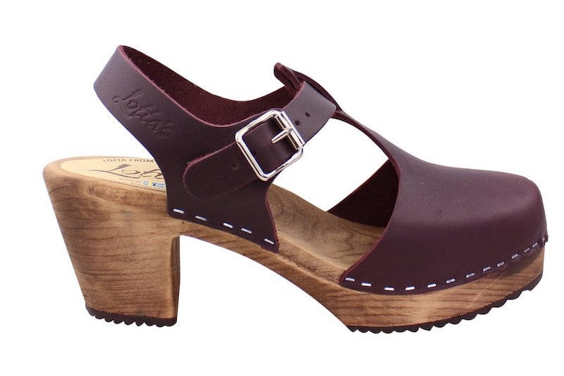 Swedish Clogs Highwood T-Bar Aubergine Leather by Lotta from Stockholm / Wooden Clogs / Sandals / High Heel / Mary Jane / lottafromstockholm image 6