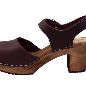 Mary Janes High Heels Womens Clogs Aubergine Leather Sandals by Lotta from Stockholm Scandinavian Handmade Swedish Clogs, Brown Wooden Base