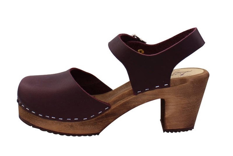 Mary Janes High Heels Womens Clogs Aubergine Leather Sandals by Lotta from Stockholm Scandinavian Handmade Swedish Clogs, Brown Wooden Base