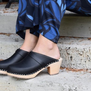 Swedish Clogs High Heel Classic Black Leather by Lotta from Stockholm. Wooden Clogs. Womens mules Handmade in Sweden.