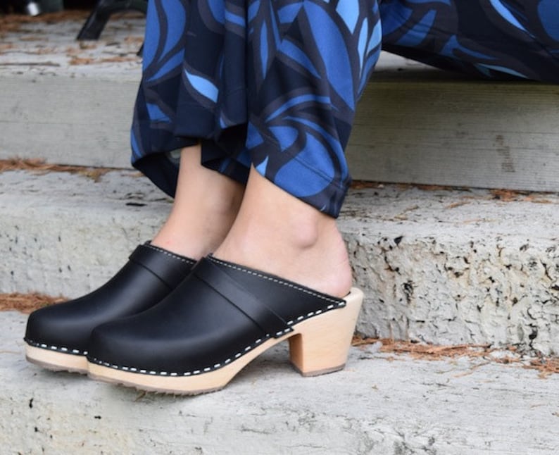 Swedish Clogs High Heel Classic Black Leather by Lotta from Stockholm. Wooden Clogs. Womens mules Handmade in Sweden.