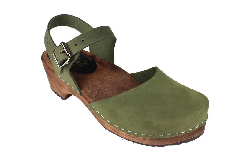 Green Clogs Swedish Clogs Mary Jane Shoes by Lotta from Stockholm Scandinavian Wooden Clogs Low Heel Made in Sweden