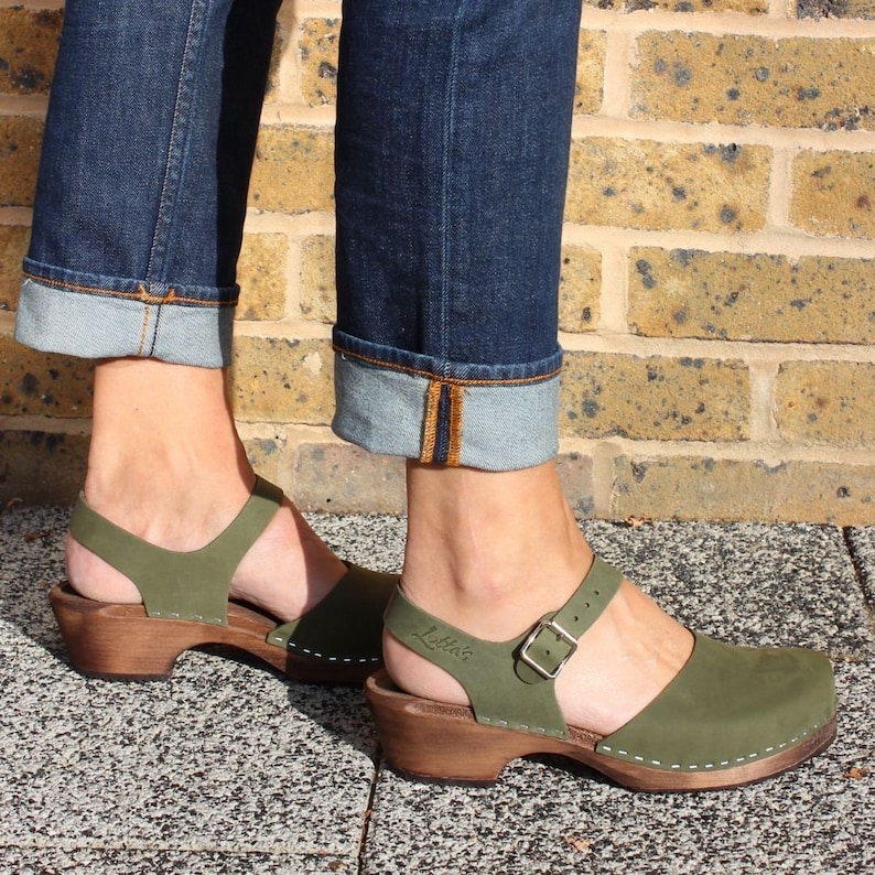 Green Clogs Swedish Clogs Mary Jane Shoes by Lotta from Stockholm Scandinavian Wooden Clogs Low Heel Made in Sweden