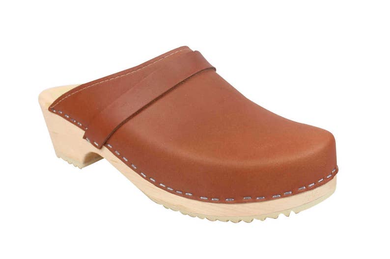 Swedish Clogs Classic Tan Leather by Lotta from Stockholm Wooden Clogs Handmade Mules Low Heel Shoes Scandinavian Unisex Mens