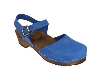 Swedish Clogs Low Wood Lazuli Blue Oiled Nubuck on Brown Base Lotta from Stockholm Wooden Clogs Low Heel Mary Jane shoes lottafromstockholm
