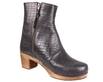 Lotta's Emma Clog Boots in Black Croco Print Leather by Lotta from Stockholm / Wooden Clogs / High Heel / Shoes / Clogs / Boots / Sweden