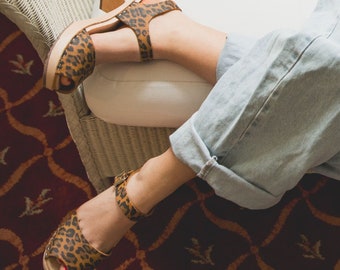 Womens Clogs sandals High Heels Highwood Open Toe Leopard Print Leather Clogs by Lotta from Stockholm Scandinavian Handmade Clogs